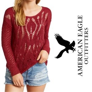 American Eagle Open Weave Crochet Sweater Burgundy Red Cranberry Size Large